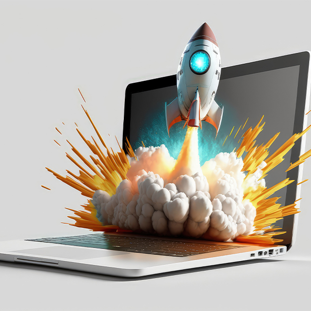 Laptop and rocket flying from the screen, white background